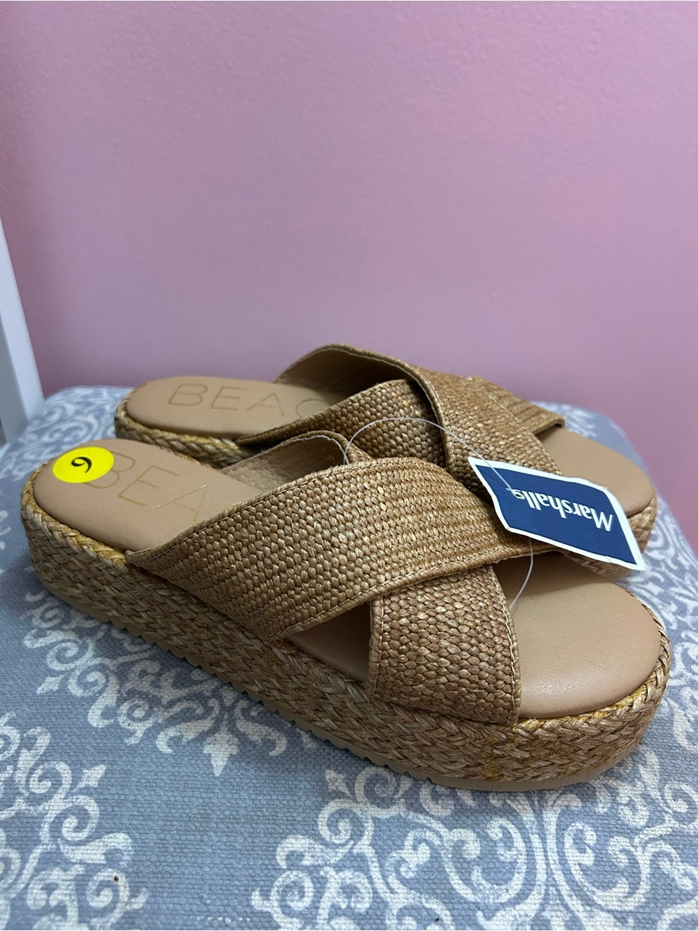 Tan Woven Platform Slide Sandals
